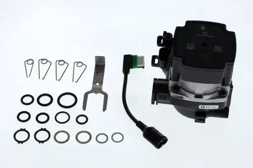 Bosch-Pumpe mit elektrischen Anschluss, mehrere Dichtungsringe, Sicherungsclips und Werkzeug zur Installation. Alle Teile sind auf einem weißen Hintergrund angeordnet.